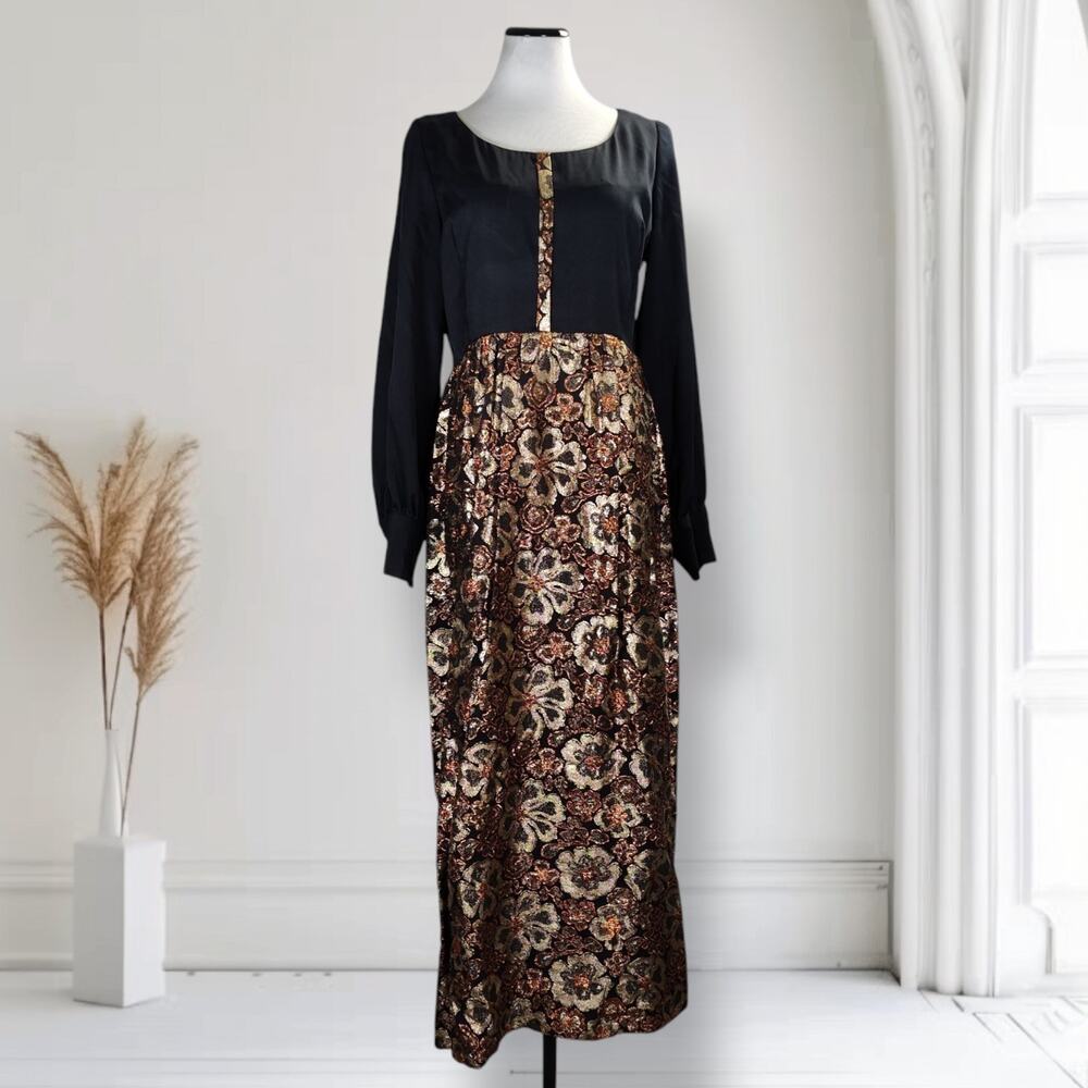 Vintage Handmade Brocade Maxi Dress 12 Black Gold Lurex Formal Gown